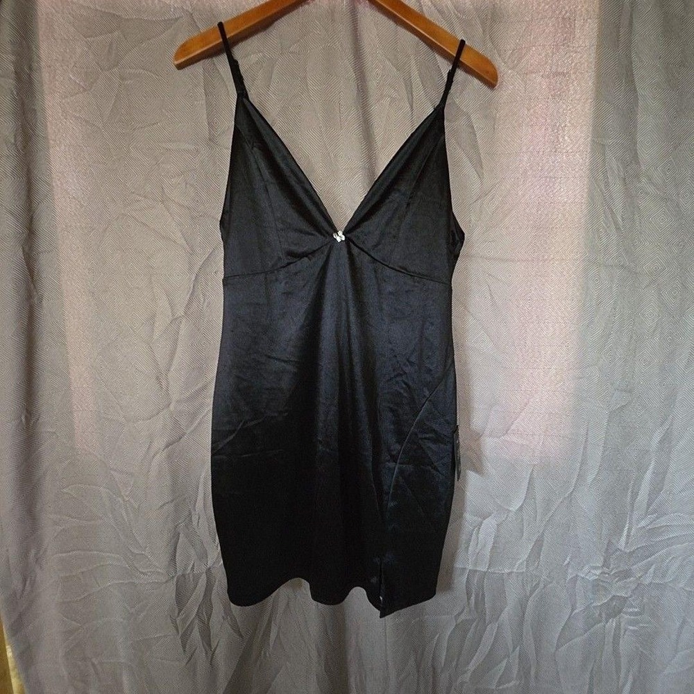 Lulus Dress Womens Medium Black Satin Sleeveless V Neck Slip Rhinestone Short